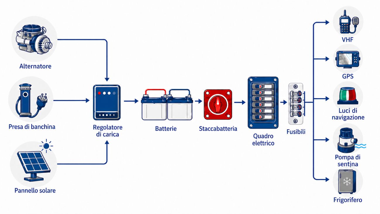 Schema del funzionamento del sistema elettrico di una barca
